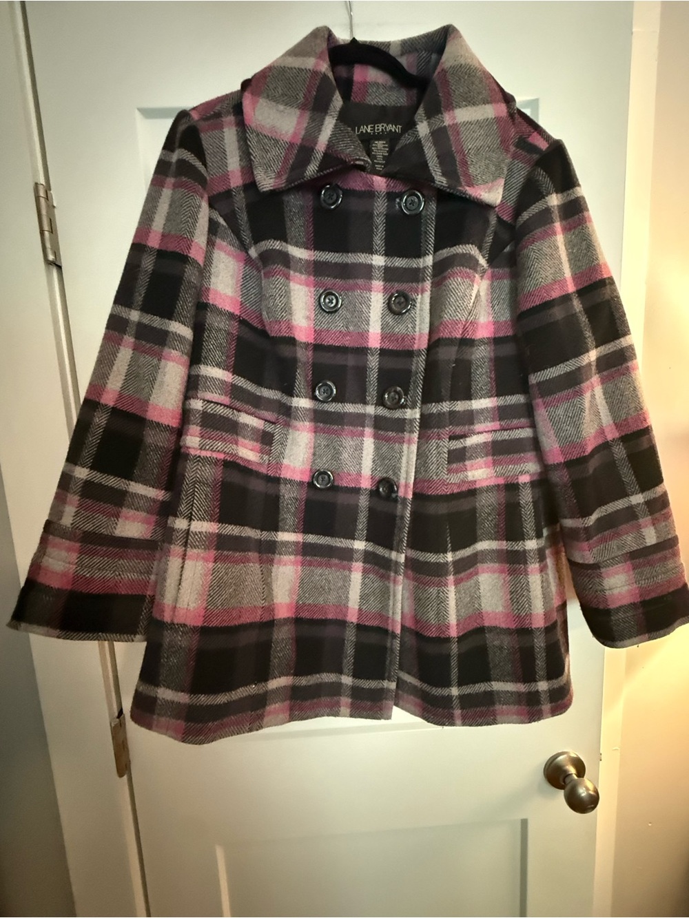 Lane Bryant 18/20W Plaid Wool Blend Peacoat Pink Gray Black Double Breasted